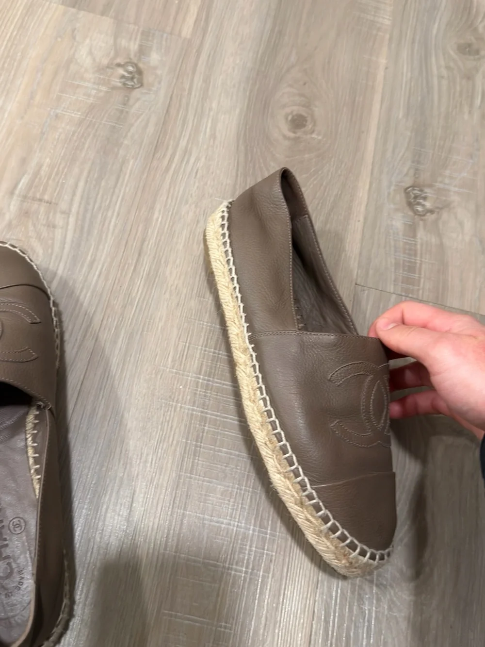 CHANEL Taupe Brown Leather Espadrilles with CC Logo